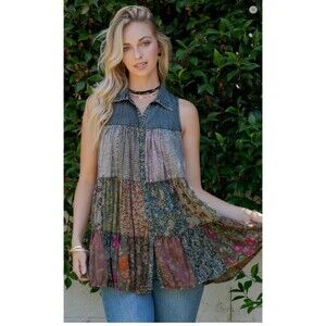 Young Threads Patchwork Boho Chic Buttondown Top VIntage SIze Large PTP  23